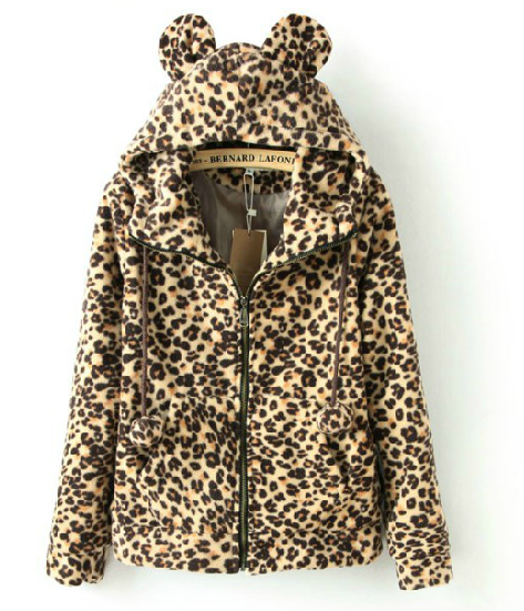 Sweet and lovely coral velvet long-sleeved leopard ears jacket