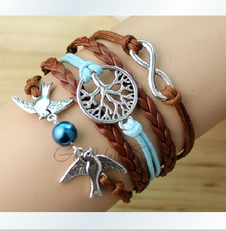 The ancient silver two birds with big trees romantic password Hand-knitted leather cord multi-layer bracelet