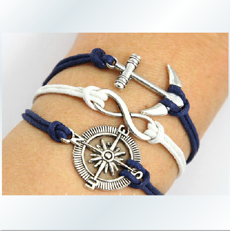 Ancient silver anchor compass romantic password multilayer wax rope bracelet