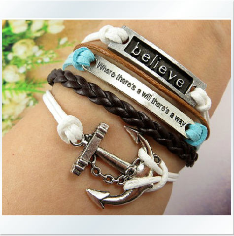 The Retro English Horizontal Believe Anchor Hand-woven Leather Cord Bracelet
