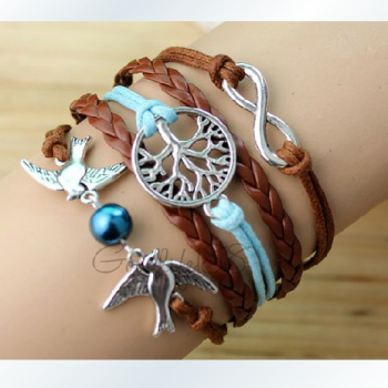 The ancient silver two birds with big trees romantic password Hand-knitted leather cord multi-layer bracelet